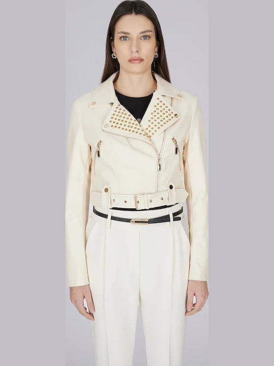 Damenjacke Ab38356 Artigli Chiodo Ecopelle Borchie in Elfenbein