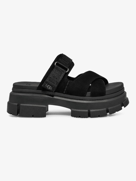 Ugg Australia Leder Damen Flache Sandalen in Schwarz Farbe