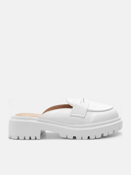 Luigi Leather Mules with Chunky Low Heel in Whi...
