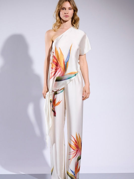 Matis Fashion Γυναικεία Ψηλόμεση Σατέν Παντελόνα με Λάστιχο σε Κανονική Εφαρμογή Floral Εκρού