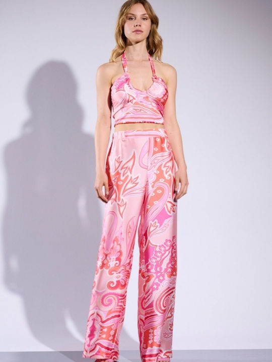 Damen Crop Top Satin mit Neckholder Rosa