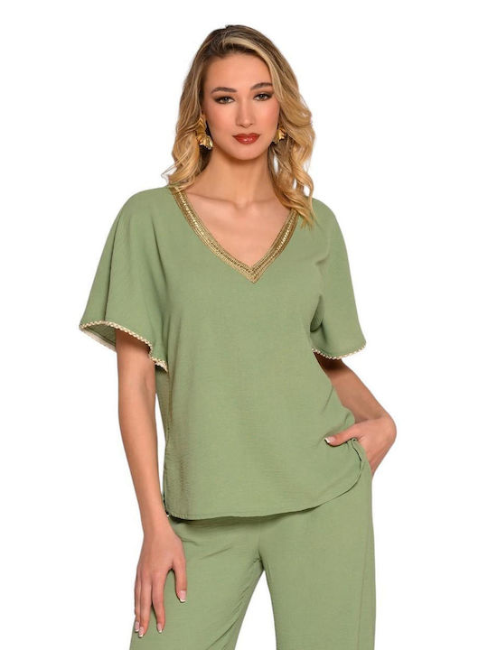 Derpouli Women's Sweater with V Neckline Green