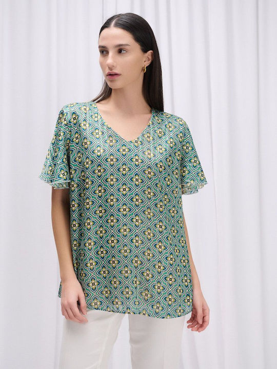 Fibes Women's Blouse Short Sleeve with V Neck Green