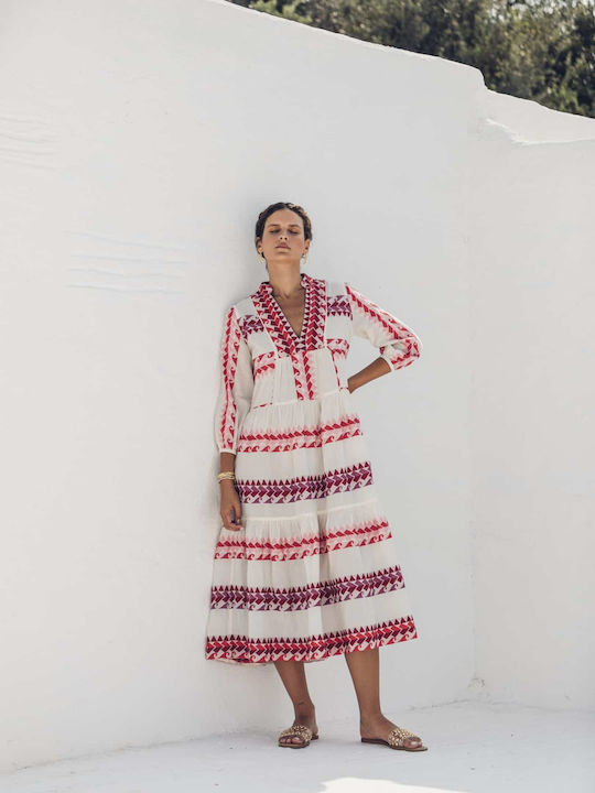 Nema Resort Wear Summer Midi Dress with Ruffle White/Red