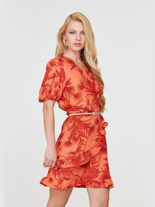 Lynne Mini Dress Wrap with Ruffle Orange