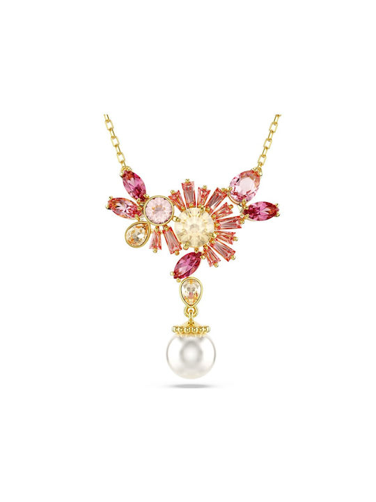 Pandantiv Gema cu tăieturi mixte, perlă de cristal, floare roz placată cu aur roz Swarovski