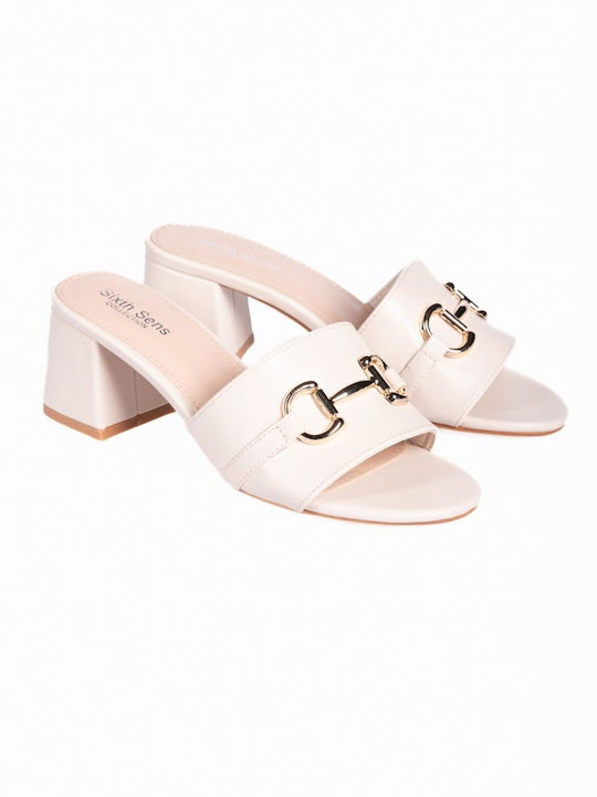 Thick Heel Mules with Metallic Detail Beige