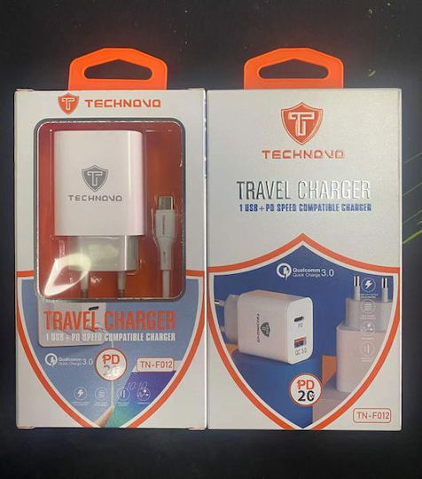 Technovo Φορτιστής Χωρίς Καλώδιο με Θύρα USB-A και Θύρα USB-C Λευκός
