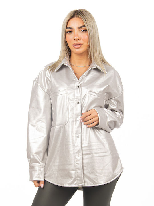 Ellen Women's Leather Long Sleeve Shirt Silver