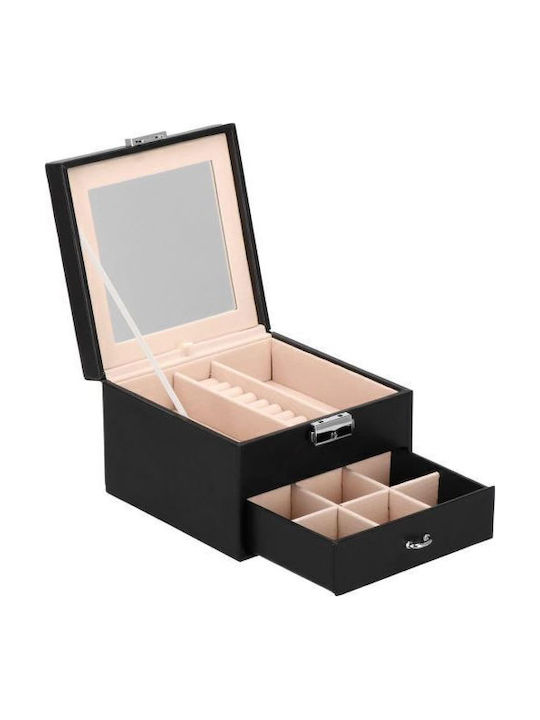 Jewelry Box Velvet Faux Leather Black Pink Mirror 16x16x11 Cm Springos
