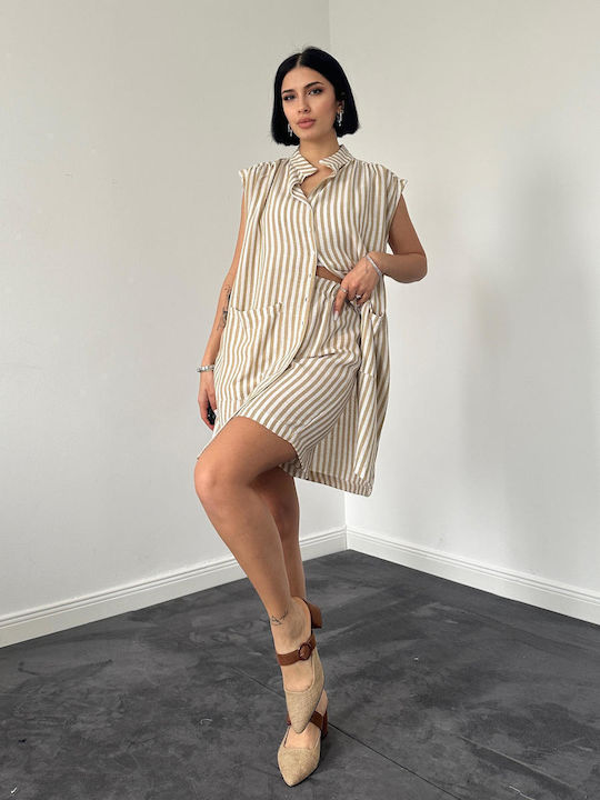Sinell Women's Set: Elastic Waist Shorts, Long Striped Beige Vest