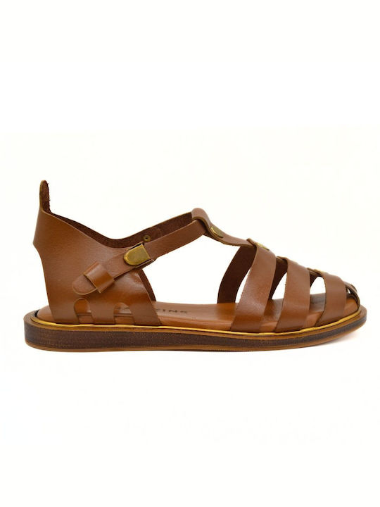 Hawkins Premium Leder Damen Flache Sandalen mit Riemen in Tabac Braun Farbe