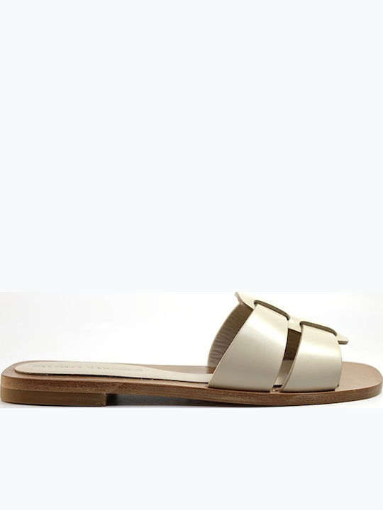 Leather Women's Flat Sandals in Beige Color