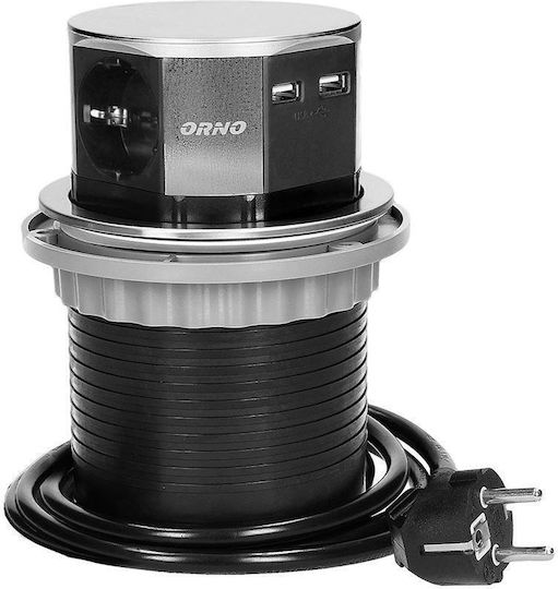 Orno Τριπλή Χωνευτή Πρίζα Ρεύματος με 2 Θύρες USB Ασημί