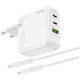 Hoco Charger with USB-A Port and 2 USB-C Ports and Cable USB-C - USB-C 100W Power Delivery / Quick Charge 3.0 Whites (C115A)