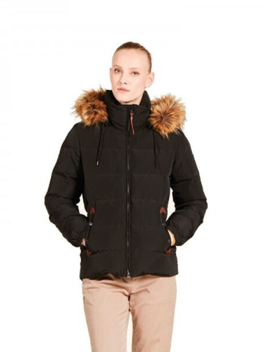 Aigle Women's Short Puffer Leather Jacket Waterproof for Winter with Hood BLACK