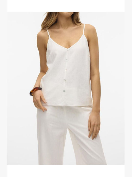Vero Moda Women's Summer Blouse Linen with Straps & V Neck White