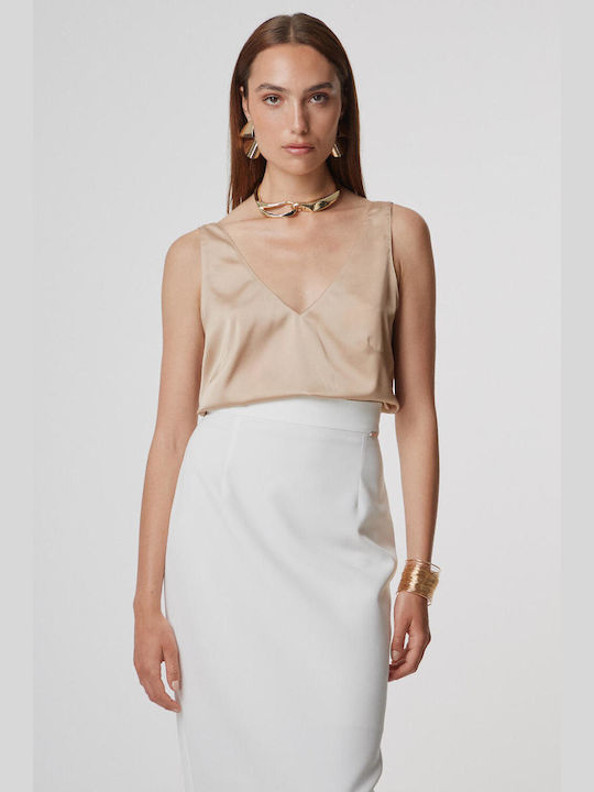 Bill Cost Women's Blouse Satin Sleeveless with V Neckline Beige