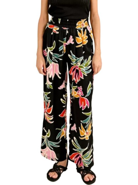 Women's Fabric Trousers with Elastic Loose Fit Floral Black