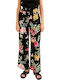 Women's Fabric Trousers with Elastic Loose Fit Floral Black