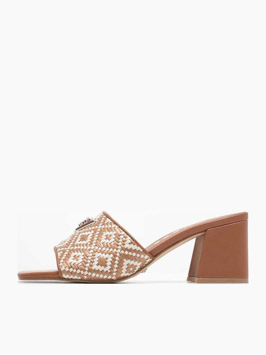 Gables3 Leather Mules with Chunky High Heel in Tabac Brown Color