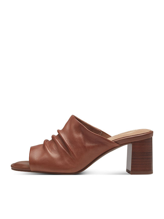 Leather Mules with Chunky Low Heel in Tabac Brown Color