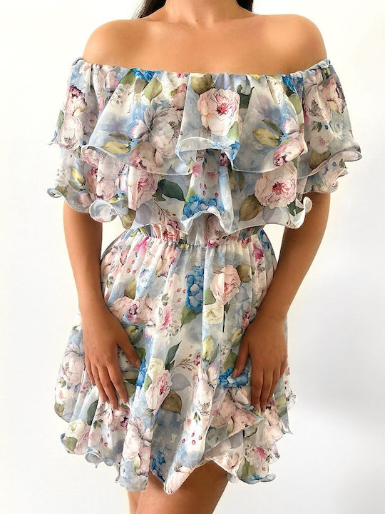 Romina Sky Floral Dress with Ruffles