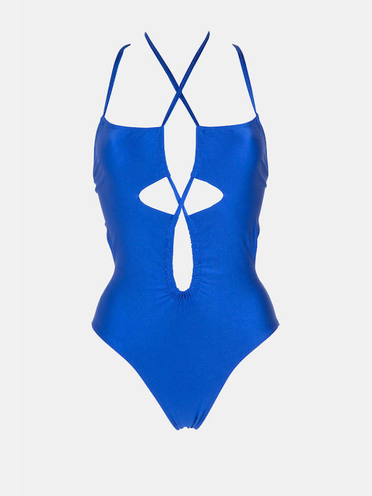 One-piece Swimsuit with Plunging Neckline and Laces 4181406-blue