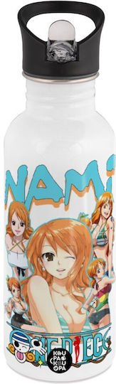 Nami One Piece Sticlă pentru Copii de Apă Albă cu Pai Oțel Inoxidabil 600ml
