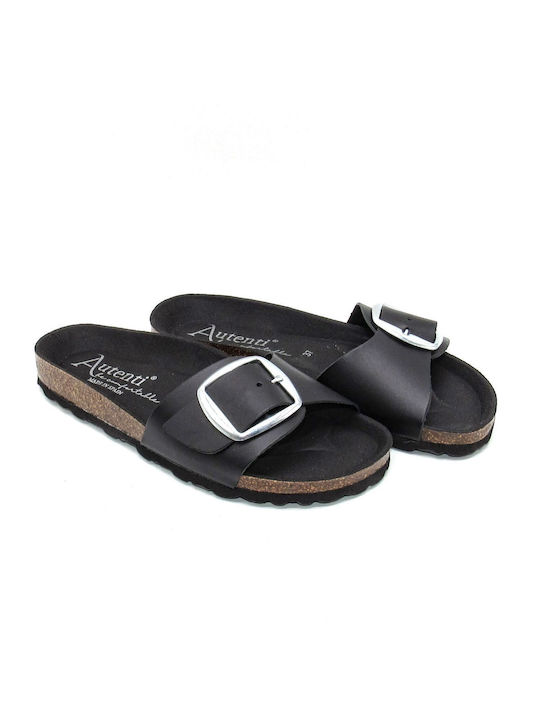 Autenti Shoes Leather Women's Flat Sandals Anatomic in Black Color