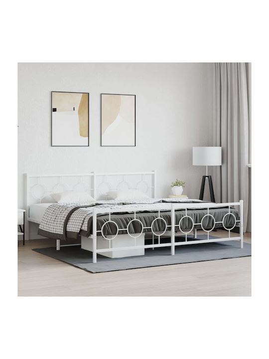 King Size Metal Bed White with Slats for Mattress 193x203cm