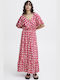 ICHI Midi Rochie cu Volane Fuchsia/ecru