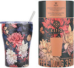 Estia Coffee Mug Save The Aegean Recyclable Glass Thermos Stainless Steel BPA Free MIDNIGHT BLOSSOM 350ml with Straw