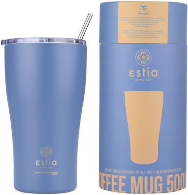 Estia Coffee Mug Save The Aegean Recyclable Glass Thermos Stainless Steel BPA Free Denim Blue 500ml with Straw