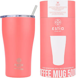 Estia Coffee Mug Save The Aegean Recyclable Glass Thermos Stainless Steel BPA Free Fusion Coral 500ml with Straw