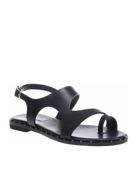 Leather Women's Flat Sandals in Black Color