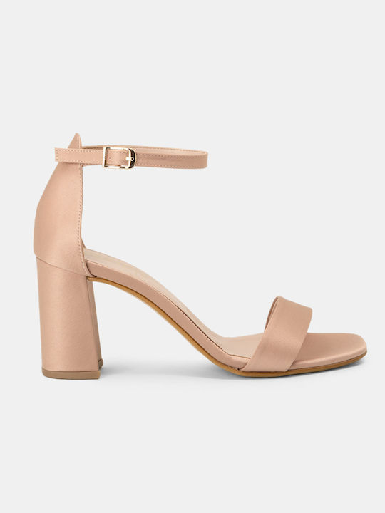 Bozikis Fabric Women's Sandals with Ankle Strap Pink with Chunky High Heel