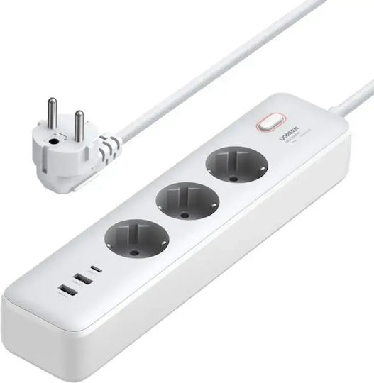 Ugreen Πολύπριζο Aσφαλείας 3 Θέσεων με 2 USB-A, 1 USB-C, Διακόπτη και Καλώδιο 2m