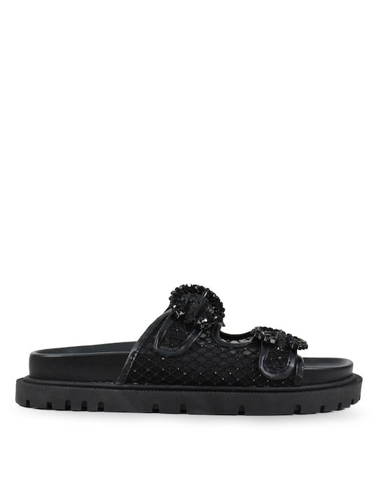 Tsakiris Mallas Black Women's Flat Sandals with Strass