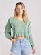 Funky Buddha Women's Athletic Blouse Long Sleeve with V Neckline Green