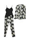 Women's Floral Top and Pants Pyjama Set with Short Robe Regular Fit Black