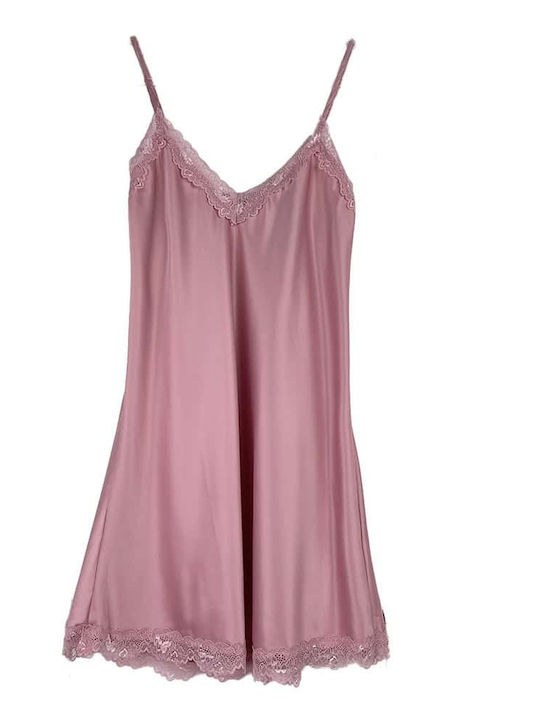 Women's Satin Nightdress Short Lace Adjustable Straps Slim Fit Pink