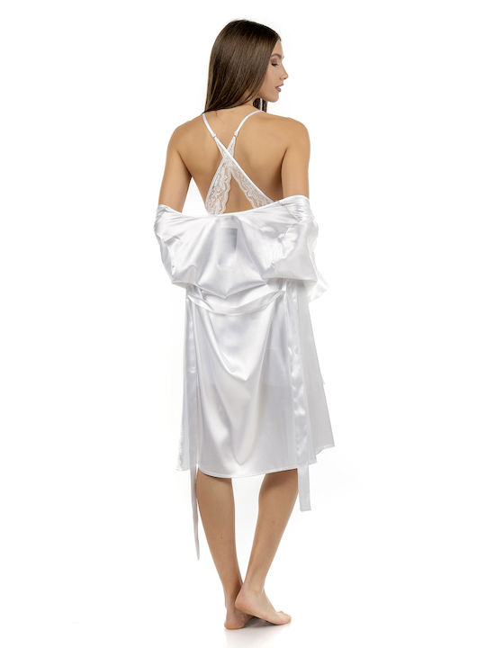 Secret Point Summer Bridal Women's Satin Robe with Nightdress White