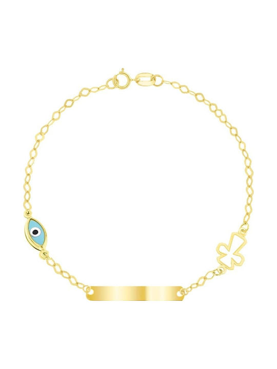 Eforo Kids Bracelet ID from Gold 9K with Baby Girl, Baby Boy, Σταυρό & Evil Eye