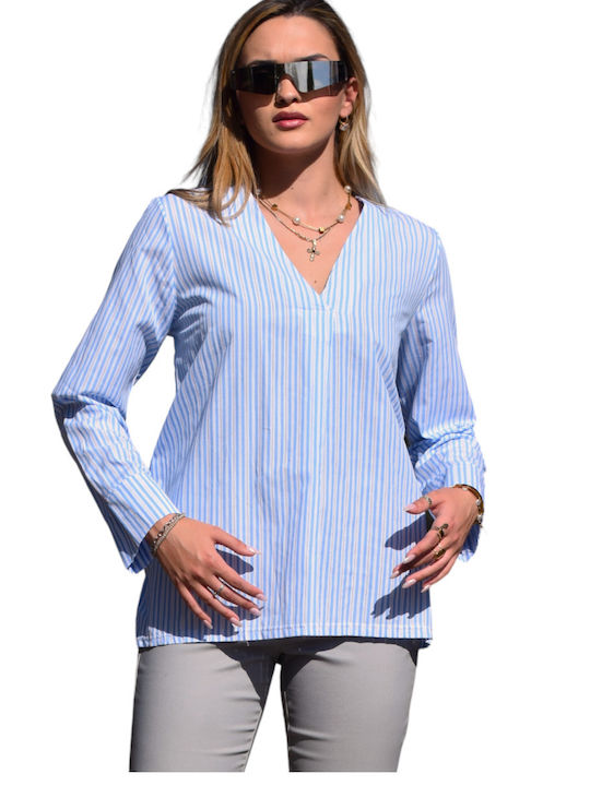 Zilan Women's Striped Long Sleeve Shirt White-blue
