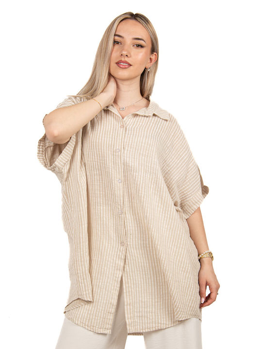 Ellen Women's Striped Long Sleeve Shirt Beige