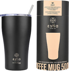 Estia Coffee Mug Save The Aegean Sticlă Termos Oțel inoxidabil Midnight Black Estia 500ml cu Paie