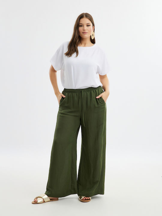 Mat Fashion Women's Linen Trousers with Elastic Khaki