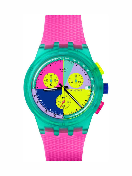 Swatch Neon Flash Arrow Herrenuhr 42mm Chronograph Batterie mit Rosa Kautschukarmband