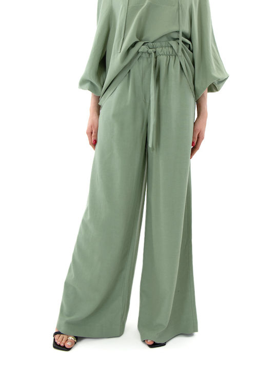 Black n Black Women's High-waisted Linen Trousers in Wide Line Green